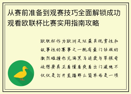 从赛前准备到观赛技巧全面解锁成功观看欧联杯比赛实用指南攻略