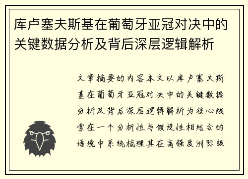 库卢塞夫斯基在葡萄牙亚冠对决中的关键数据分析及背后深层逻辑解析