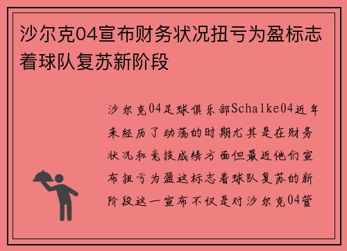 沙尔克04宣布财务状况扭亏为盈标志着球队复苏新阶段