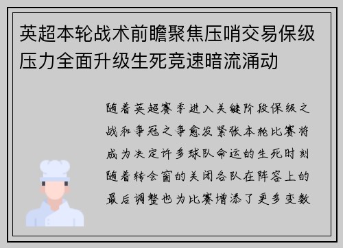 英超本轮战术前瞻聚焦压哨交易保级压力全面升级生死竞速暗流涌动 英超本轮战术前瞻聚焦压哨交易保级压力全面升级生死竞速暗流涌动